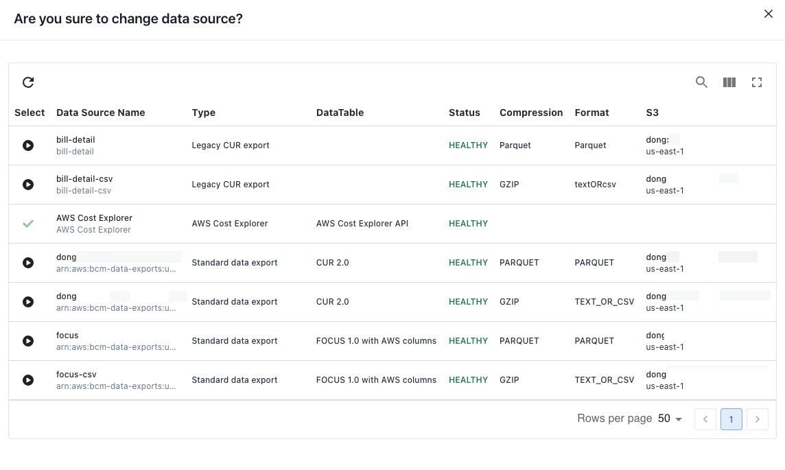 MOF lists the data sources in your account, pick one