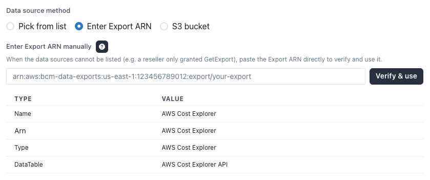MOF Enter Export ARN, echoing the parsed result after verify