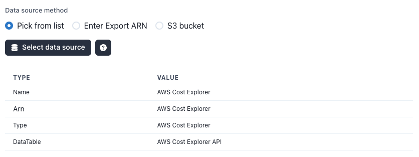 MOF add AWS account: Data source method, default Pick from list