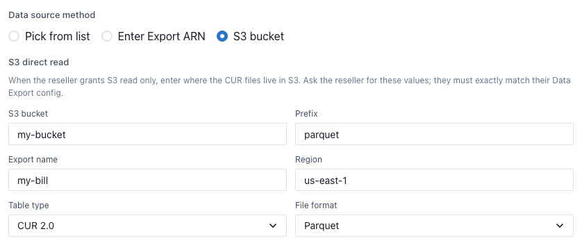 MOF S3 bucket direct-read form with six fields