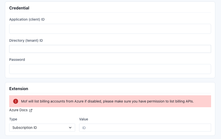 MOF add Azure account: Application (client) ID, Directory (tenant) ID, Password, plus the Extension's Subscription / Billing Account