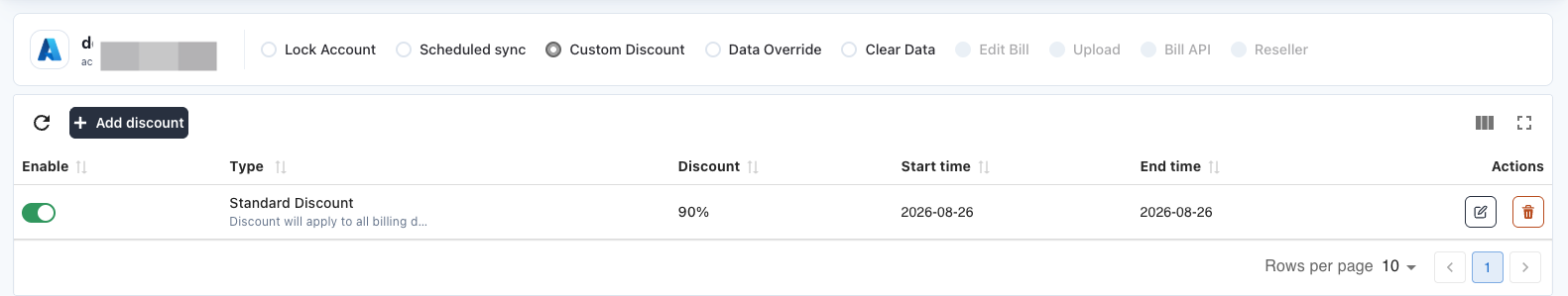 MOF Azure account → Custom Discount: Standard Discount with a start/end period