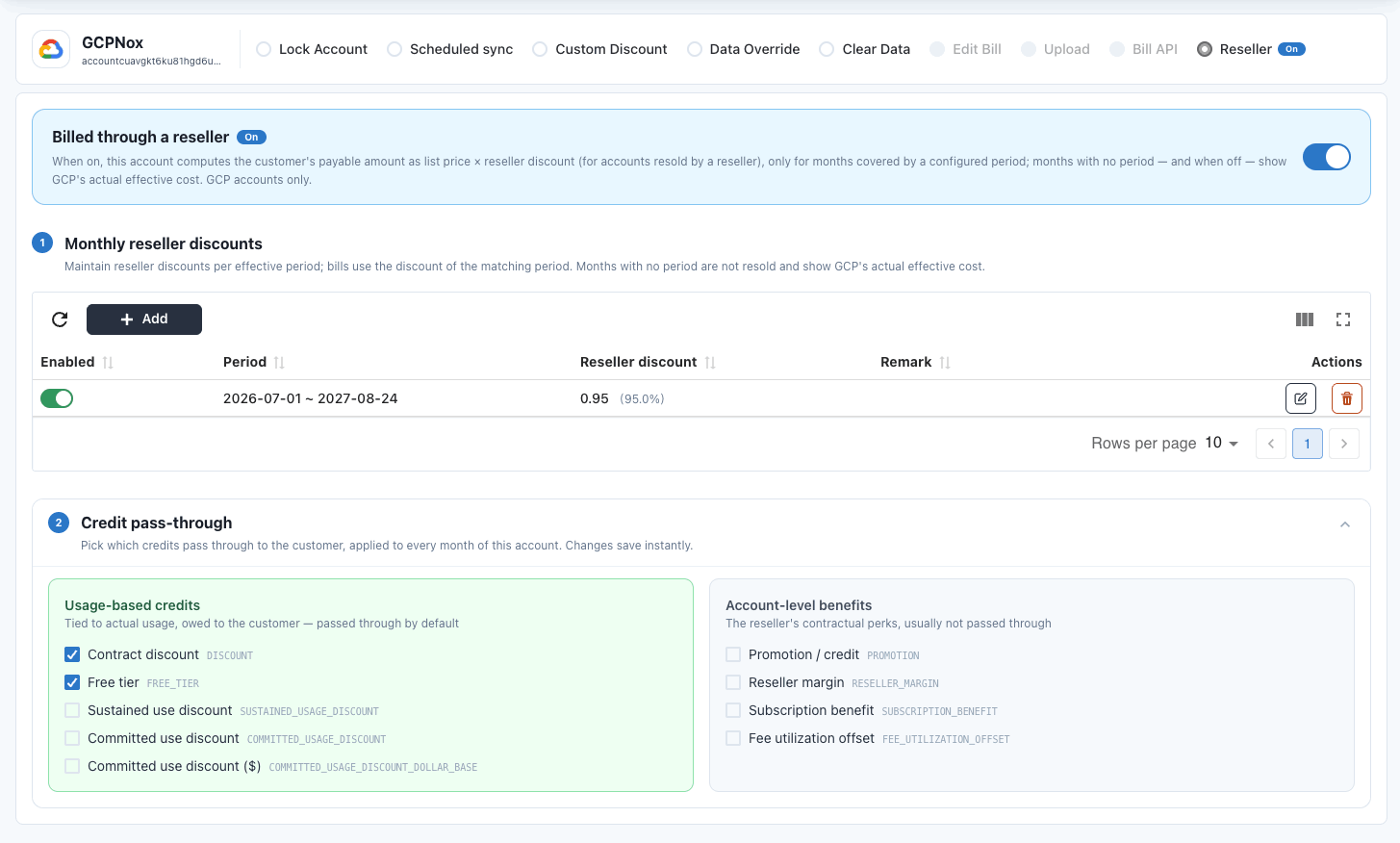 MOF Data Management → Reseller: the "Billed through a reseller" toggle, monthly reseller discounts, and credit pass-through